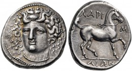 Thessaly. Larissa. Circa 356-342 BC. Stater (Silver, 23 mm, 12.28 g, 5 h). Head of the nymph Larissa facing, turned slightly to the left, wearing ampy...