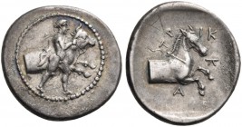 Thessaly. Trikka. Circa 440-400 BC. Hemidrachm (Silver, 16 mm, 2.91 g, 2 h). Youthful hero, Thessalos, nude but for cloak and petasos hanging over his...