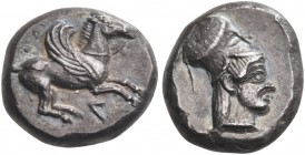Akarnania. Leukas. Circa 470-450 BC. Stater (19 mm, 8.11 g, 8 h). Pegasos flying to right; below, Λ. Rev. Helmeted head of Athena right, wearing pearl...