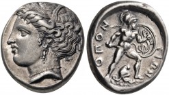 Lokris. Lokris Opuntii. Circa 370-360 BC. Stater (Silver, 24 mm, 12.22 g, 12 h). Head of Demeter to left, wearing wreath of grain leaves, triple-penda...