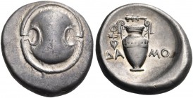 Boeotia. Thebes. Circa 395-338 BC. Stater (Silver, 23 mm, 12.21 g), Damo... Boeotian shield. Rev. ΔΑ-ΜΟ Amphora, with ivy spray hanging from left hand...