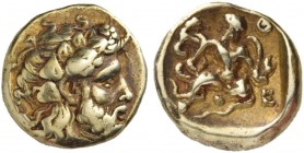 Boeotia. Thebes. 367-362 BC. Hemidrachm (Electrum, 12.5 mm, 3.02 g, 12 h). Bearded head of Dionysos to right, wearing ivy wreath. Rev. ΘΕ The infant H...