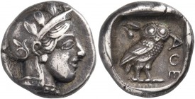 .Attica. Athens. Circa 430s-420s BC. Drachm (Silver, 13 mm, 4.18 g, 2 h). Head of Athena to right, wearing crested Attic helmet adorned with olive lea...