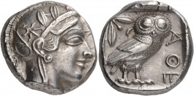 .Attica. Athens. Circa 449-404 BC. Tetradrachm (Silver, 24 mm, 17.19 g, 7 h), c. 430s-420s. Head of Athena to right, wearing crested Attic helmet with...