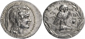 .Attica. Athens. 138/7 BC. Tetradrachm (Silver, 33 mm, 16.89 g, 12 h), New style, Glau(kon) and Eche... Head of Athena Parthenos to right, wearing a s...