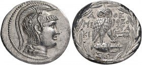 .Attica. Athens. 137/6. Tetradrachm (Silver, 31 mm, 16.88 g, 12 h), New style, Miki(on) and Theophra(stos). Head of Athena Parthenos to right, wearing...