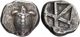 Islands off Attica. Aegina. Circa 480-457 BC. Stater (Silver, 22 mm, 12.40 g), "Large skew" reverse. Sea turtle with line of five large pellets down t...
