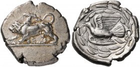 Sikyonia. Sikyon. Circa 431-400 BC. Stater (Silver, 25 mm, 12.08 g, 6 h). ΣΕ Chimaera moving to left on ground line, right paw raised slightly. Rev. D...