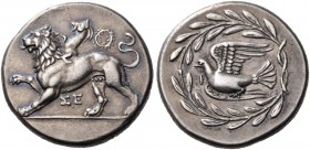 Sikyonia. Sikyon. Circa 335-330 BC. Stater (Silver, 25 mm, 12.24 g, 9 h). ΣΕ Chimaera moving to the left on ground line, right paw raised; above to ri...