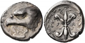 Elis. Olympia. 91st Olympiad, 416 BC. Stater (Silver, 22 mm, 11.93 g, 2 h), signed by Da.... Eagle’s head to left; below, large white poplar leaf with...