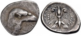 Elis. Olympia. 97th-100th Olympiad, 392-380 BC. Hemidrachm (Silver, 18 mm, 2.85 g, 6 h), signed Po... (Polykaon) on the obverse. Head of eagle with lo...