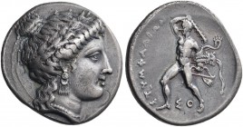 Arkadia. Stymphalos. Circa 350 BC. Stater (Silver, 24 mm, 11.67 g, 3 h), So..... Head of Artemis right, her hair tied in a bun at the top of her head,...