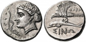 Paphlagonia. Sinope. Circa 330-300 BC. Drachm (Silver, 18 mm, 6.00 g, 6 h). Head of the nymph Sinope to left, her hair bound in a sakkos and wearing a...