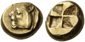 Mysia. Kyzikos. Circa 550-500 BC. Hekte (Electrum, 11 mm, 2.68 g). Head of a lioness to left; behind, tunny fish swimming upward. Rev. Quadripartite i...