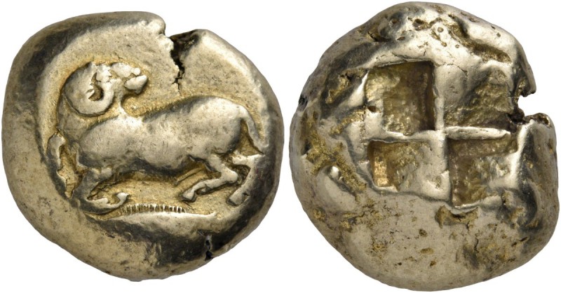 Mysia. Kyzikos. Circa 550-500 BC. Stater (Electrum, 17 mm, 16.06 g). Ram kneelin...