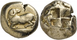 Mysia. Kyzikos. Circa 550-500 BC. Stater (Electrum, 17 mm, 16.06 g). Ram kneeling to left, head turned back to right; below, tunny to left. Rev. Quadr...
