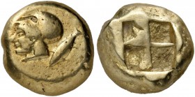 Mysia. Kyzikos. Circa 500-450 BC. Stater (Electrum, 18 mm, 16.15 g). Head of Athena in Corinthian helmet to left; behind, tunny swimming downwards. Re...