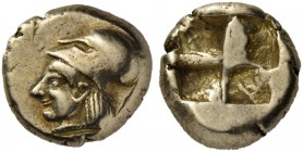 Mysia. Kyzikos. Circa 500-450 BC. Hekte (Electrum, 11 mm, 2.72 g). Head of Athena to left, wearing Corinthian helmet; behind (mostly off the flan), tu...