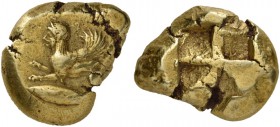 Mysia. Kyzikos. Circa 550-500 BC. Stater (Electrum, 19 mm, 16.24 g). Sphinx crouching to left on a tunny fish. Rev. Quadripartite incuse square. BMFA ...