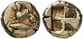 Mysia. Kyzikos. Circa 550-500 BC. Hekte (Electrum, 11 mm, 2.68 g). Sphinx crouching to left, with her right foreleg raised, on tunny swimming left. Re...
