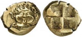 Mysia. Kyzikos. Circa 500-450 BC. Hekte (Electrum, 11 mm, 2.67 g). Facing gorgoneion with open mouth and protruding tongue; below, tunny fish to left....