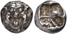 Mysia. Parion. 5th century BC. Drachm (Silver, 13 mm, 3.95 g). Facing gorgoneion with protruding tongue. Rev. Rough, quadripartite incuse square. SNG ...