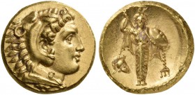 Mysia. Pergamon. 334-332 BC. Stater (Gold, 17 mm, 8.60 g, 1 h). Head of youthful Herakles to right, wearing lion skin headdress. Rev. Palladium, weari...