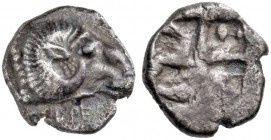 Troas. Kebren. 5th century BC. Diobol (Silver, 10 mm, 1.08 g). [ΚΕ]ΒΡΕ[Ν] Ram’s head to right. Rev. Quadripartite incuse square. BMFA 1632. Rosen 530....