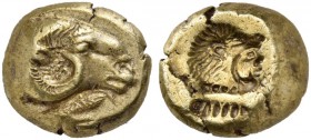 Lesbos. Mytilene. 521-478 BC. Hekte (Electrum, 11 mm, 2.50 g, 1 h), c. 490-480. Head of a ram to right; below, rooster feeding to left. Rev. Head of b...