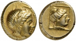 Lesbos. Mytilene. Circa 377-326 BC. Hekte (Electrum, 11 mm, 2.56 g, 11 h), c. 360/340. Laureate head of Apollo to right. Rev. Female head to right, wi...