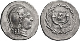 Ionia. Lebedos. Circa 160-140 BC. Tetradrachm (Silver, 30 mm, 16.00 g, 12 h), under the magistrate Korabos. Head of Athena to right, wearing a triple-...