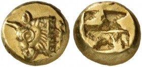 Ionia. Phokaia. Circa 625/0-522 BC. Hekte (Electrum, 9 mm, 2.58 g). Head of a bull to left, with a dotted truncation; below neck, seal swimming upward...