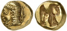 Ionia. Phokaia. Circa 600-560 BC. Hekte (Electrum, 11 mm, 2.58 g). Female head to left, with a narrow hair band (?), long flowing hair, and an annular...