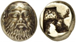 Ionia. Phokaia. circa 478-387 BC. Hekte (Electrum, 10 mm, 2.54 g), early in the second quarter of the 5th century. Bald and wreathed head of Silenos f...