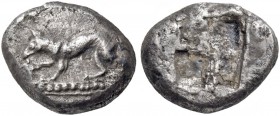 Asia Minor. ASIA MINOR, Ionia or Lydia. Uncertain city. Circa 600-560 BC. Drachm (Silver, 14 mm, 3.82 g). Wolf, eating bunch of grapes held by his rig...