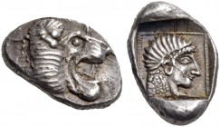 Caria. CARIA. Knidos. Circa 500 BC. Diobol (Silver, 14 mm, 1.83 g, 9 h). Head of roaring lion to right. Rev. Archaistic head of Aphrodite to right, wi...