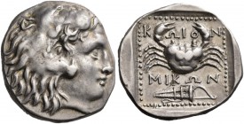 Islands off Caria. Kos. circa 285-258 BC. Tetradrachm (Silver, 27 mm, 15.02 g, 4 h), Mikon. Head of Herakles to right, wearing lion skin headdress. Re...