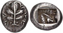 Islands off Caria. Rhodos. Kamiros. Circa 500-480 BC. Drachm (Silver, 16 mm, 6.11 g). Fig leaf with tendrils between the lobes and two fruits on the s...