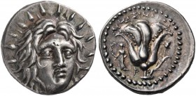 Islands off Caria. Rhodos. Rhodes. Circa 250-229 BC. Didrachm (Silver, 20 mm, 6.72 g, 12 h), Mnasimachos. Radiate head of Helios facing, turned slight...