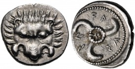 Dynasts of Lycia. Vekhssere II, circa 410-390/80 BC. Third stater (Silver, 16 mm, 2.84 g). Lion's scalp facing. Rev. Vekhssere in Lycian triskeles tur...