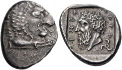 Dynasts of Lycia. Mithrapata, circa 390-370 BC. Stater (Silver, 25 mm, 9.79 g, 7 h), Antiphellus, c. 380-375. Forepart of lion with open jaws to right...