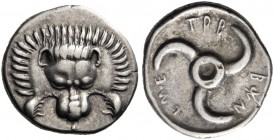 Dynasts of Lycia. Trbbenimi, circa 390-370 BC. Third stater (Silver, 17 mm, 3.11 g), Wedrei. Lion's scalp facing; below, F. Rev. Trbbenimi in Lycian T...