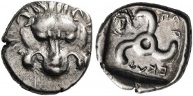 Dynasts of Lycia. Perikles, circa 380-360 BC. Third stater (Silver, 16 mm, 3.04 g, 11 h), Antiphellos. Lion's scalp facing. Rev. Perikle in Lycian tri...