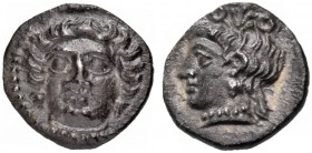 Cilicia. Tarsos. Tiribazos or Pharnabazos, circa 389-375 BC. Obol (Silver, 9 mm, 0.68 g, 6 h). Female head facing, wearing pendant earrings and a hair...