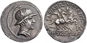 Baktria. Greco-Baktrian Kingdom. Eukratides I, circa 170-145 BC. Drachm (Silver, 21 mm, 4.22 g, 11 h). Diademed and draped bust of Eukratides to right...