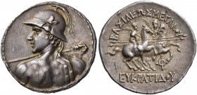 Baktria. Greco-Baktrian Kingdom. Eukratides I, circa 170-145 BC. Tetradrachm (Silver, 33 mm, 16.90 g, 12 h). Diademed bust of Eukratides to left, seen...