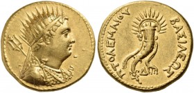 Ptolemaic Kings of Egypt. Ptolemy IV Philopator, 225-205 BC. Mnaeion or Octodrachm (Gold, 26 mm, 27.80 g, 12 h), with a portrait of his father, Ptolem...
