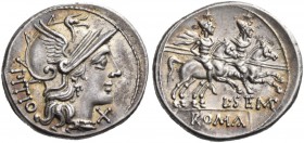 L. Sempronius Pitio, 148 BC. Denarius (Silver, 20 mm, 4.06 g, 1 h), Rome. PITIO Head of Roma to right in winged helmet; below chin, X. Rev. L SEMP / R...