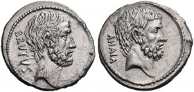 M. Junius Brutus, 54 BC. Denarius (Silver, 18 mm, 3.76 g). BRVTVS Bearded head of L. Junius Brutus (Cos 509) to right. Rev. AHALA Bearded head of C. S...