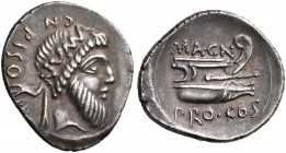 Cnaeus Pompeius Magnus (Pompey the Great), 48 BC. Denarius (Silver, 20 mm, 4.02 g, 9 h), military mint in Greece. CN PISO PRO Q Head of Numa Pompilius...